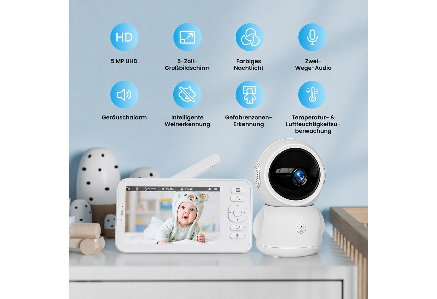 Whraills Babyphone Babyphone mit 3K 5MP Kamera, 5 Zoll 1080P OLED, Nachtsicht und App, Gegensprechfunktion, Schlaflieder, Schallerkennung, Datenschutz, Weinen-E – Bild 3 von 5