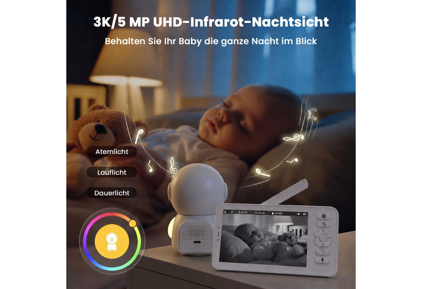 Whraills Babyphone Babyphone mit 3K 5MP Kamera, 5 Zoll 1080P OLED, Nachtsicht und App, Gegensprechfunktion, Schlaflieder, Schallerkennung, Datenschutz, Weinen-E – Bild 4 von 5