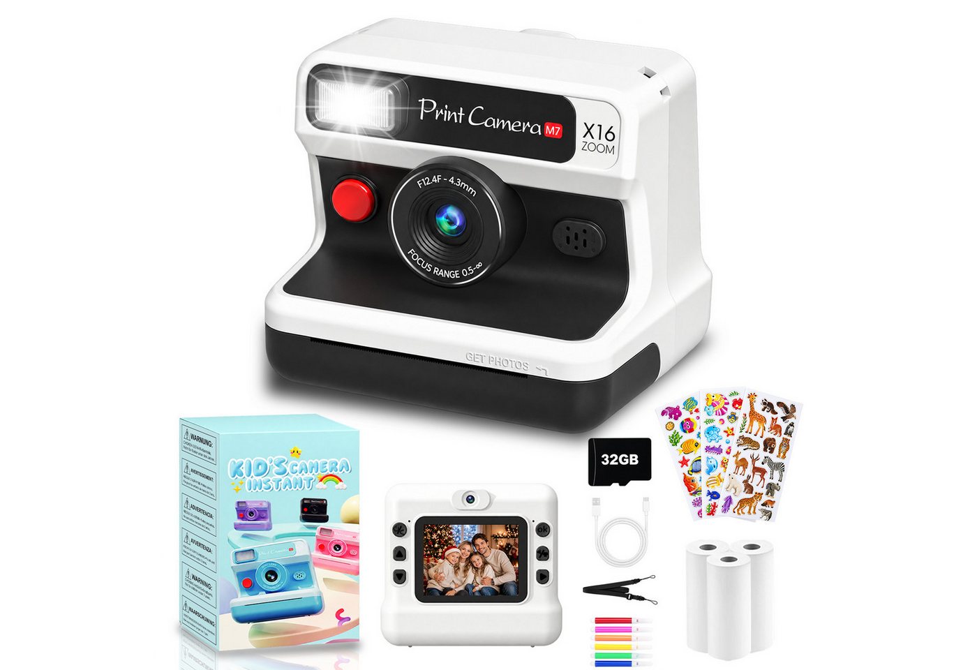 Whraills Kinderkamera Sofortbildkamera,Dualkameras,1080P mit 2,4" Bildschirm Sofortbildkamera (inkl. 32GB TF Karte,3 Rollen Druckpapier,3 Aufklebern,6 Filzstift – Bild 2 von 5