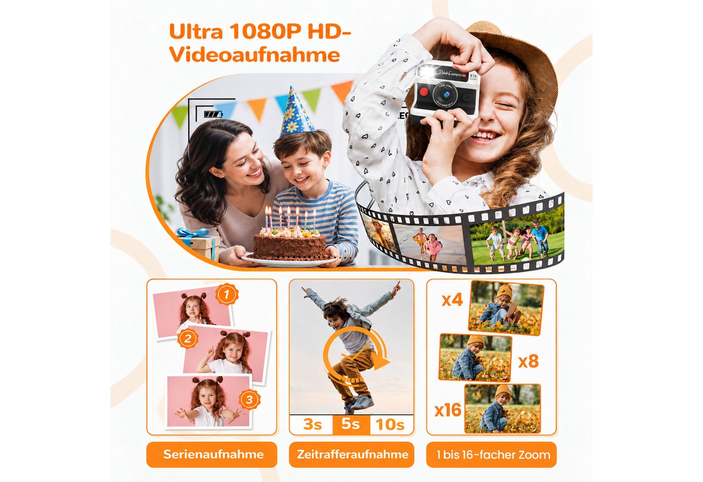 Whraills Kinderkamera Sofortbildkamera,Dualkameras,1080P mit 2,4" Bildschirm Sofortbildkamera (inkl. 32GB TF Karte,3 Rollen Druckpapier,3 Aufklebern,6 Filzstift – Bild 5 von 5