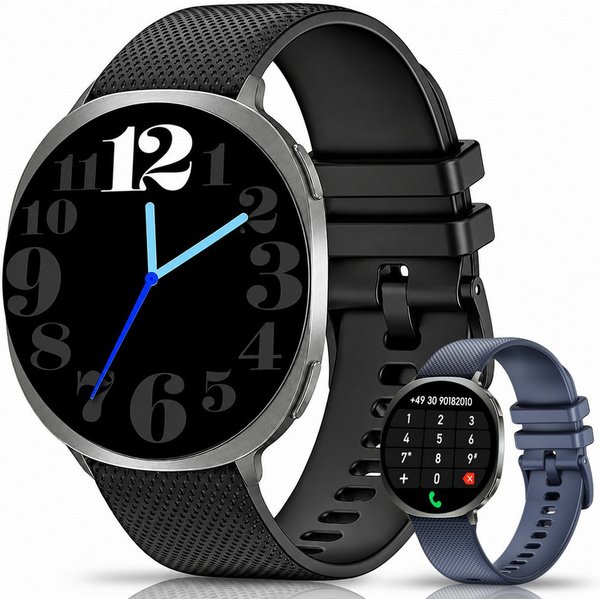Whraills Smartwatch Damen Herren,1,43" AMOLED Display mit Pulsuhr/Blutdruck/ Smartwatch, SpO₂/Schlafmonitor,Fitness Tracker mit 110+ Sportmodi,Schrittzähler,Blu