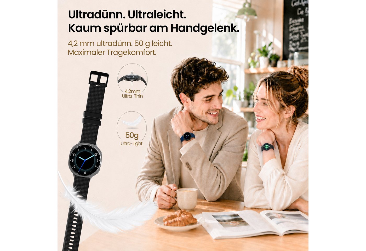 Whraills Smartwatch Damen Herren,1,43" AMOLED Display mit Pulsuhr/Blutdruck/ Smartwatch, SpO₂/Schlafmonitor,Fitness Tracker mit 110+ Sportmodi,Schrittzähler,Blu – Bild 2 von 5