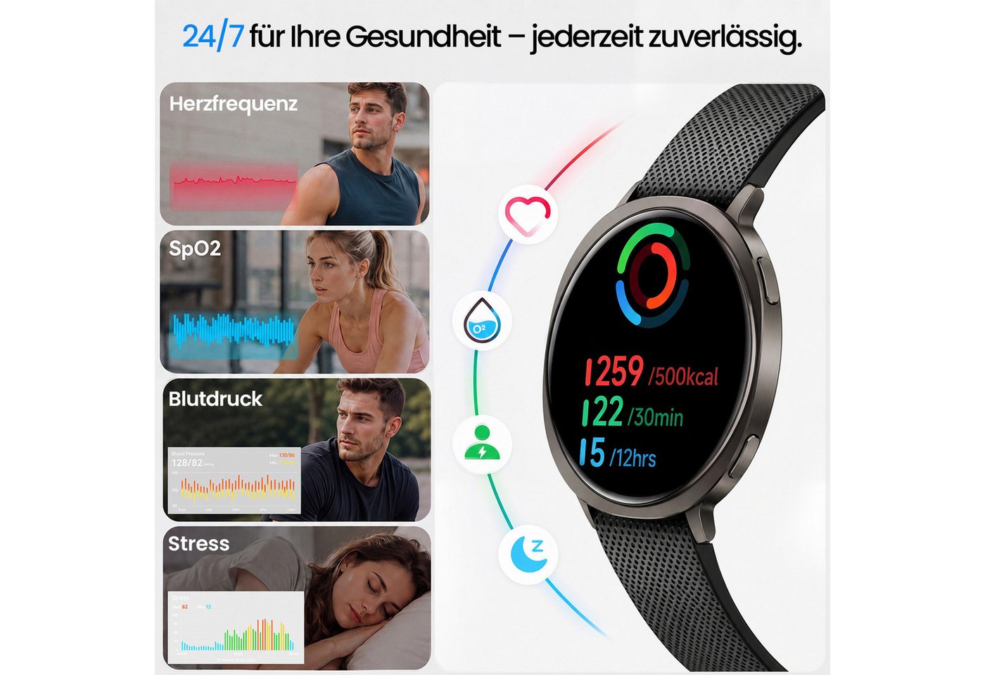 Whraills Smartwatch Damen Herren,1,43" AMOLED Display mit Pulsuhr/Blutdruck/ Smartwatch, SpO₂/Schlafmonitor,Fitness Tracker mit 110+ Sportmodi,Schrittzähler,Blu – Bild 4 von 5