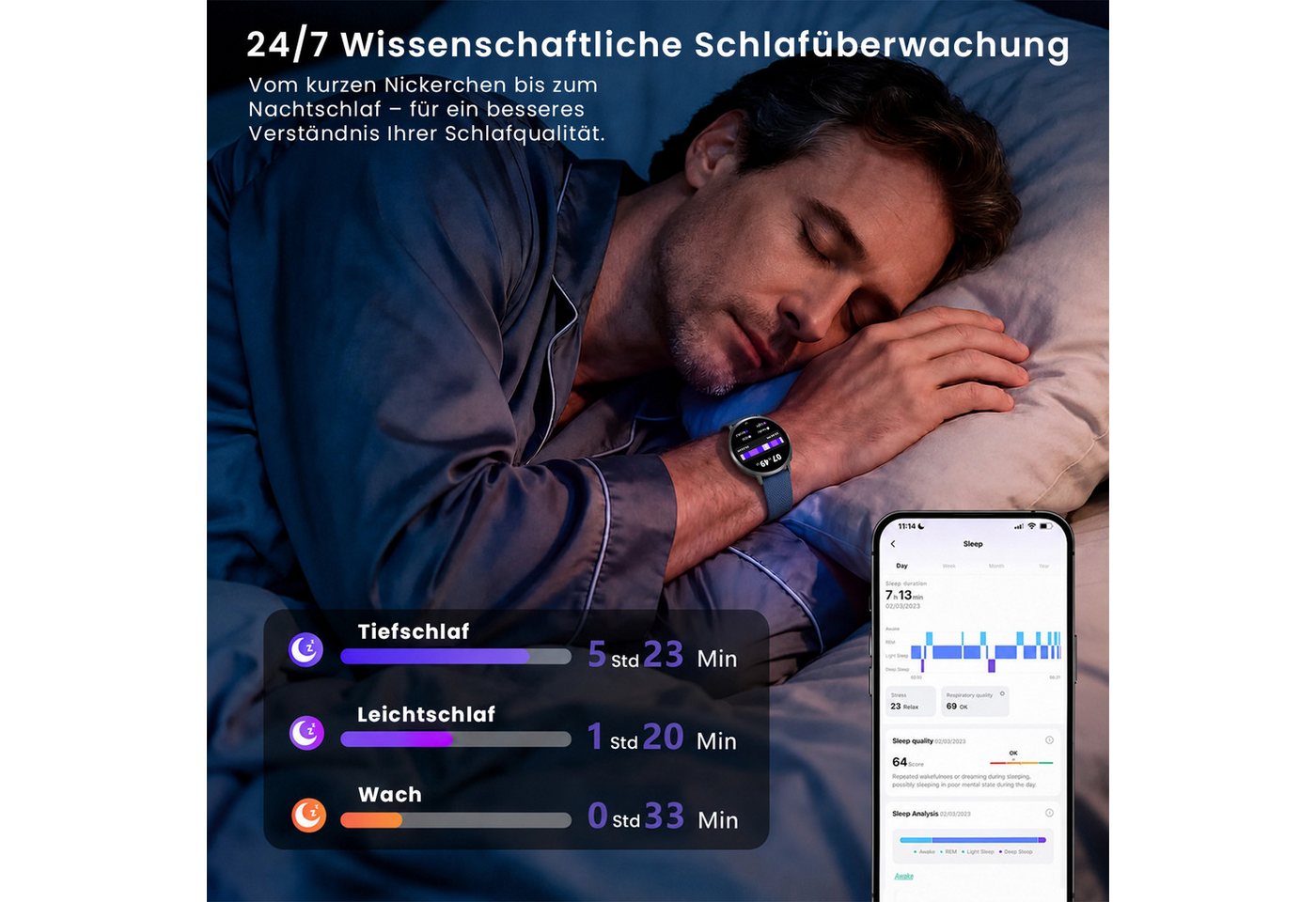 Whraills Smartwatch Damen Herren,1,43" AMOLED Display mit Pulsuhr/Blutdruck/ Smartwatch, SpO₂/Schlafmonitor,Fitness Tracker mit 110+ Sportmodi,Schrittzähler,Blu – Bild 5 von 5