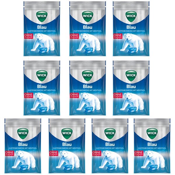 WICK Süßigkeit, WICK Blau Menthol zuckerfreie Halsbonbons mit Menthol 72g 10er Pack