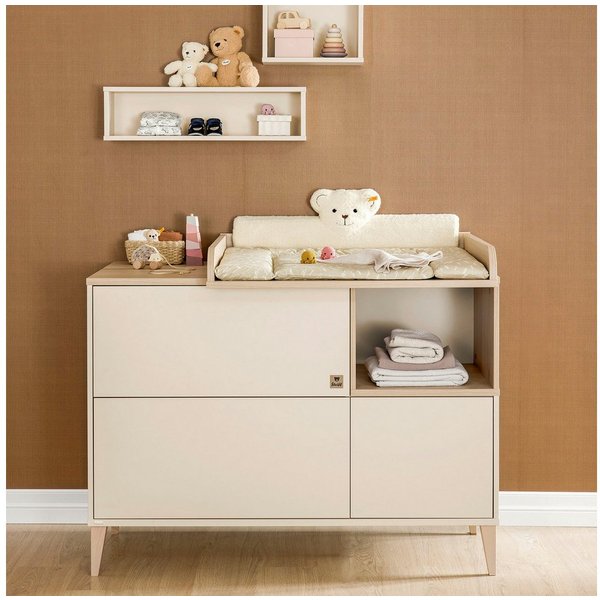 PAIDI Wickelkommode MILA & BEN Steiff by PAIDI in Beige, Tür und 2 Schubladen, Push-to-open, Soft-Close, stabile Kommode mit Massivholz-Füßen
