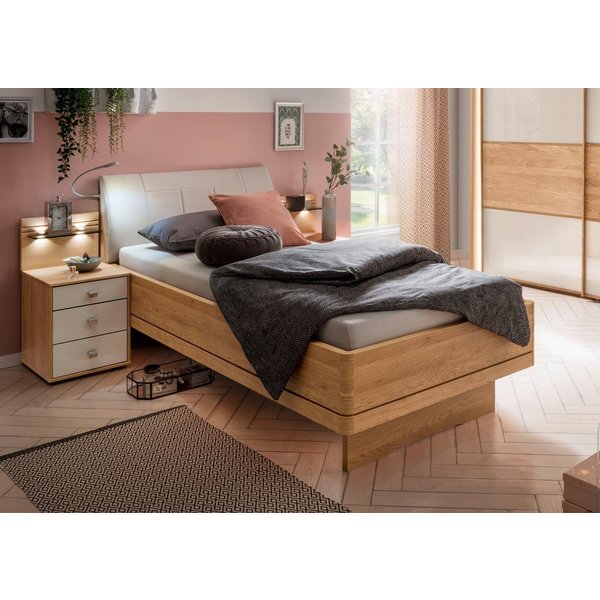 WIEMANN Bett Kiruna, Bettgestell, Bettrahmen, Eiche Nachbildung, Polsterkopfteil (4-fache Liegehöhenverstellung, MADE IN GERMANY), Polsterkopfteil aus Kunstlede