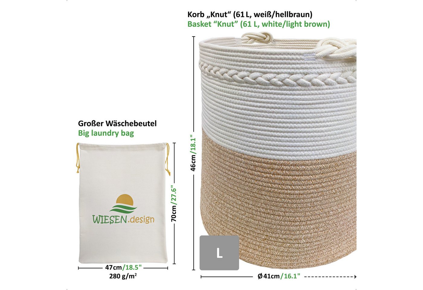 WIESEN.design Wäschekorb KNUT, Wäschekorb geflochten aus Baumwolle, faltbarer Wäschekorb, (Wäschetonne, Wäschetruhe, laundry basket, Wäschesammler, Aufbewahrung – Bild 3 von 5