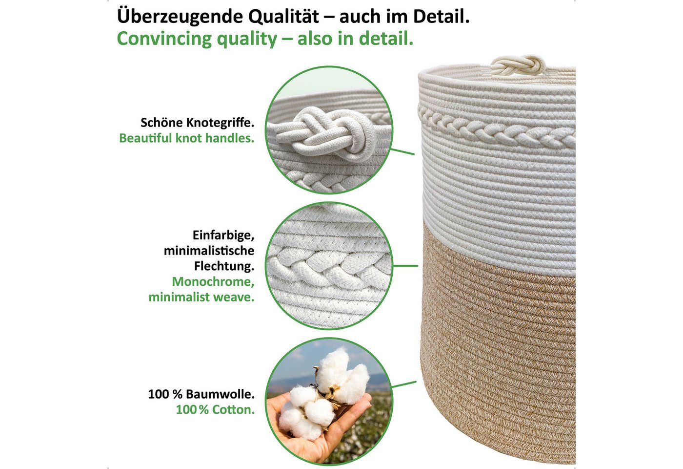 WIESEN.design Wäschekorb KNUT, Wäschekorb geflochten aus Baumwolle, faltbarer Wäschekorb, (Wäschetonne, Wäschetruhe, laundry basket, Wäschesammler, Aufbewahrung – Bild 5 von 5