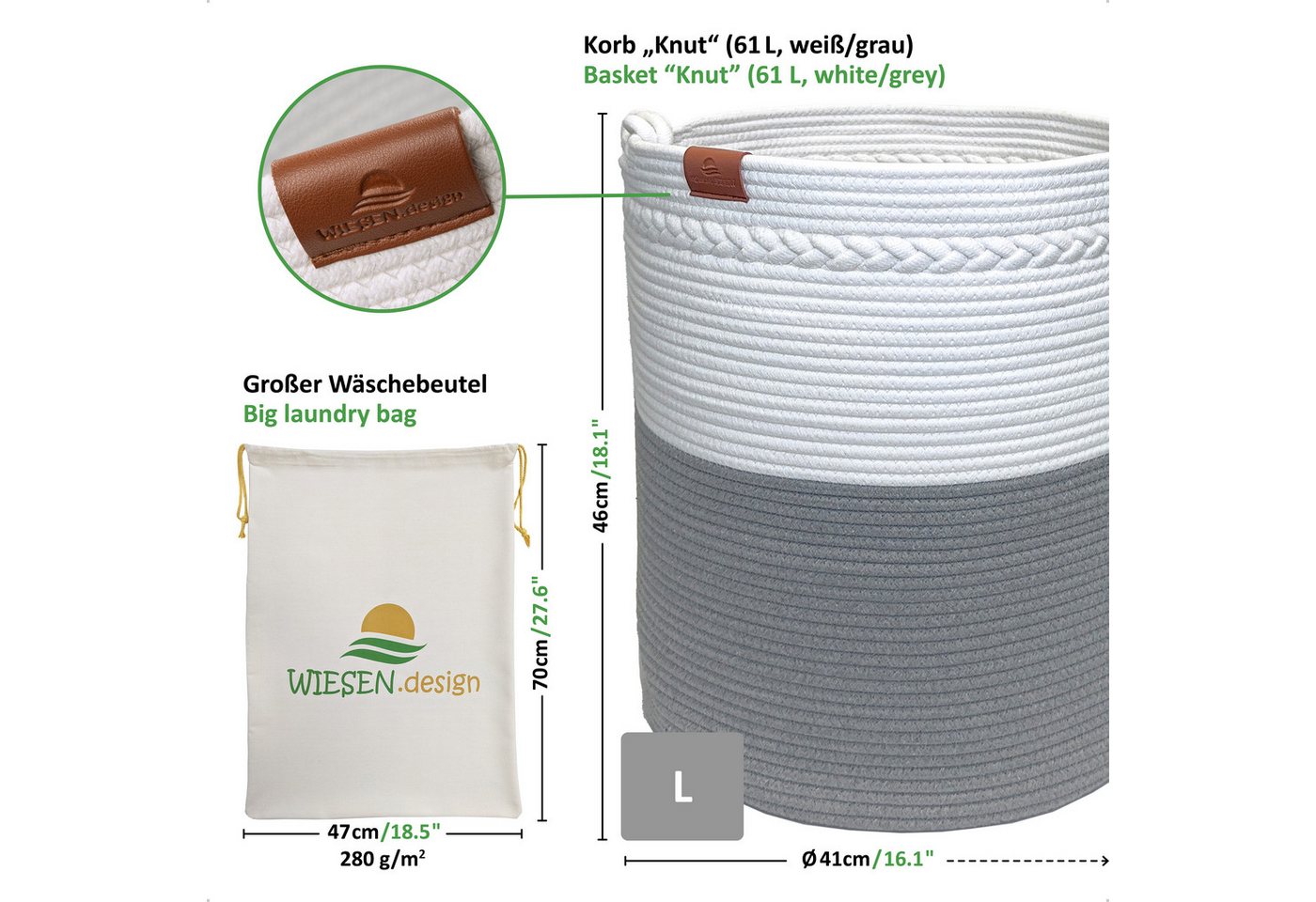 WIESEN.design Wäschekorb KNUT, Wäschekorb geflochten aus Baumwolle, faltbarer Wäschekorb, (Wäschetonne, Wäschetruhe, laundry basket, Wäschesammler, Aufbewahrung – Bild 3 von 5