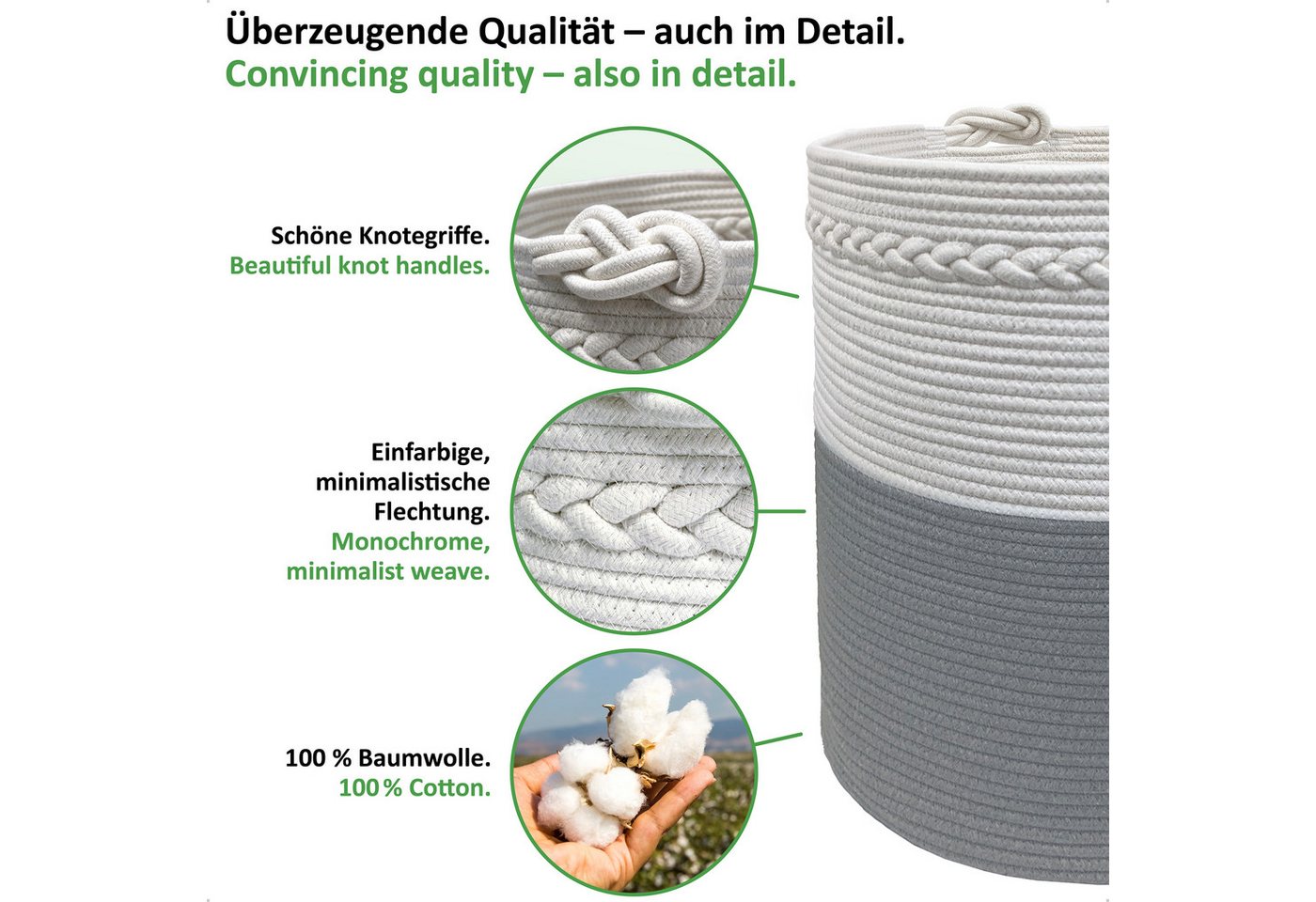WIESEN.design Wäschekorb KNUT, Wäschekorb geflochten aus Baumwolle, faltbarer Wäschekorb, (Wäschetonne, Wäschetruhe, laundry basket, Wäschesammler, Aufbewahrung – Bild 5 von 5