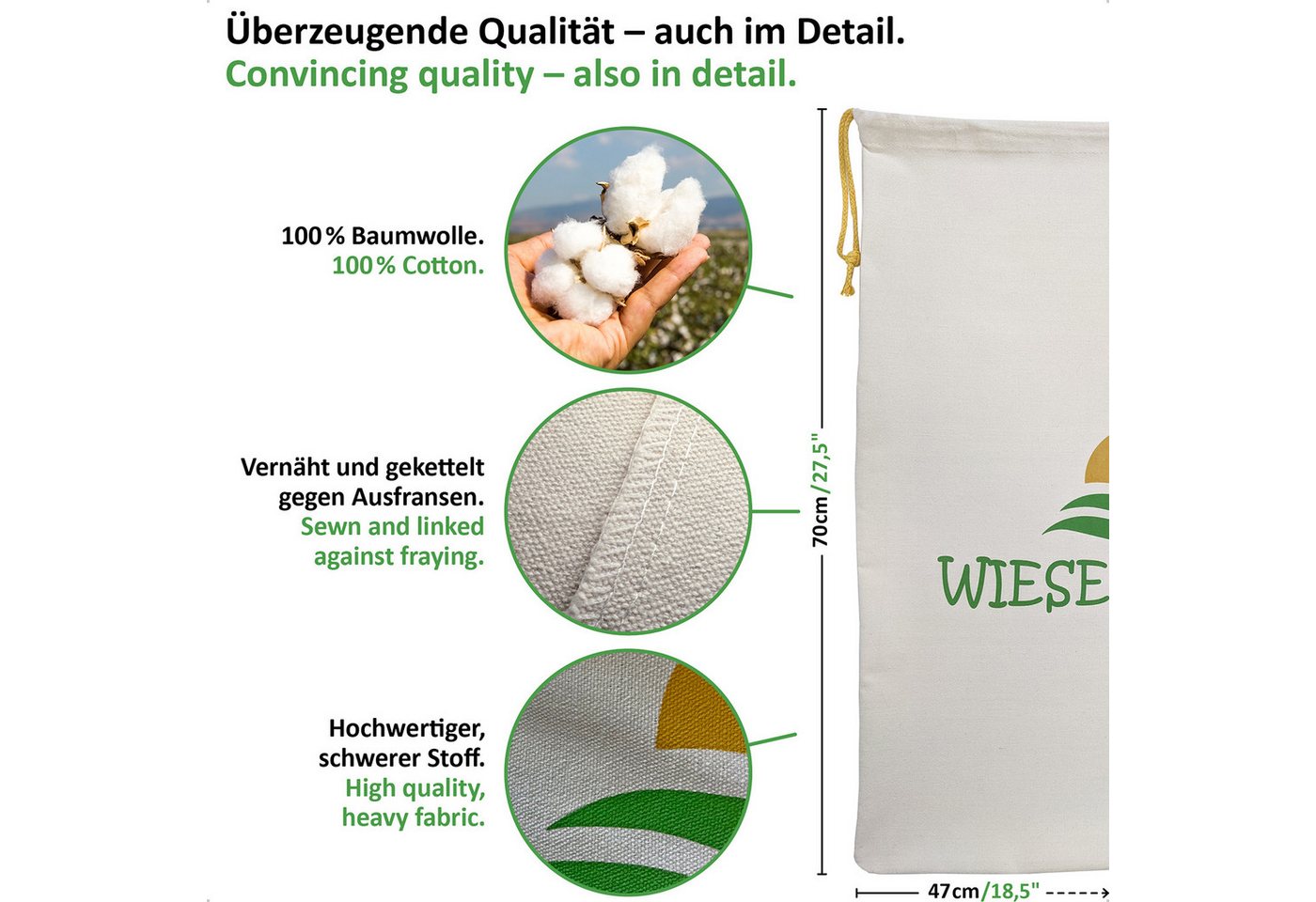 WIESEN.design Wäschesack Set, Baumwollbeutel mit Kordelzug, verstärkte Nähte, außergewöhnliche Grammatur von 280g/m² - EINZIGARTIG, gratis Versand – Bild 3 von 5
