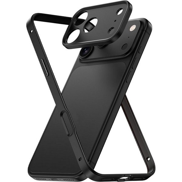 Wigento Handyhülle Bumper + Linsenschutz Alu Metall Rahmen Apple iPhone 18 Pro Schwarz 6,3 Zoll, stoßfest, präzise Aussparungen