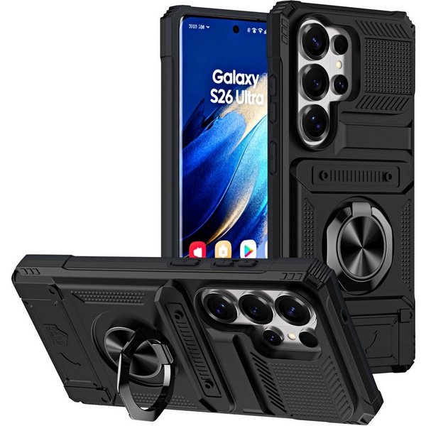 Wigento Handyhülle Magnetisch Ring Samsung Galaxy S26 Ultra 5G Kunststoff Silikon Schwarz, 2 Fächer für Kreditkarten, 360 Grad Schutz, Halte Ring
