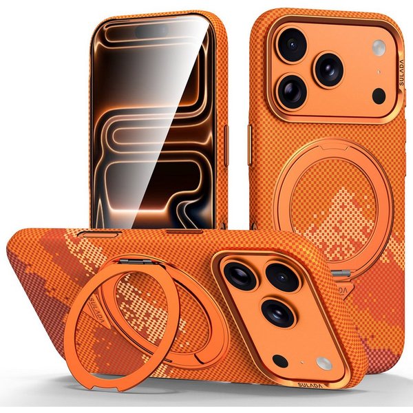 Wigento Handyhülle MagSafe Drehkippständer Muster Apple iPhone 17 Pro Max Orange 6,86 Zoll, Magnetisch, Durchsichtig, Stoßfest