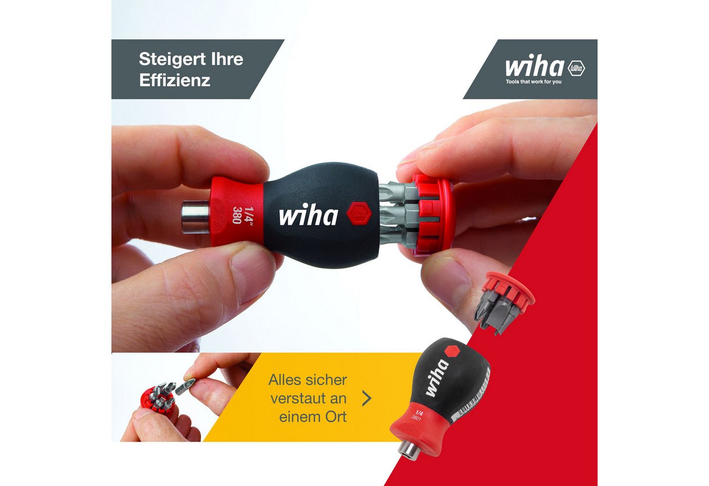 Wiha Schraubendreher Stubby (33741), Magnetisch, inkl. 6 Bits, Schlitz/Kreuz – Bild 3 von 5