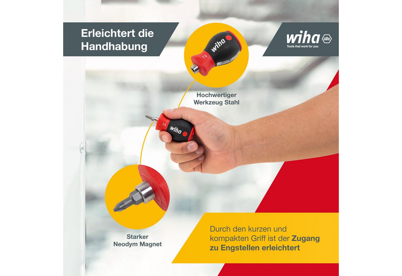 Wiha Schraubendreher Stubby (33741), Magnetisch, inkl. 6 Bits, Schlitz/Kreuz – Bild 4 von 5
