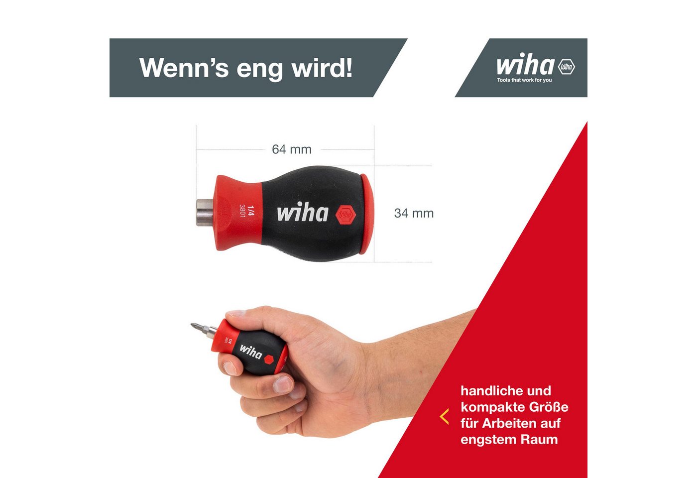 Wiha Schraubendreher Stubby (33741), Magnetisch, inkl. 6 Bits, Schlitz/Kreuz – Bild 5 von 5