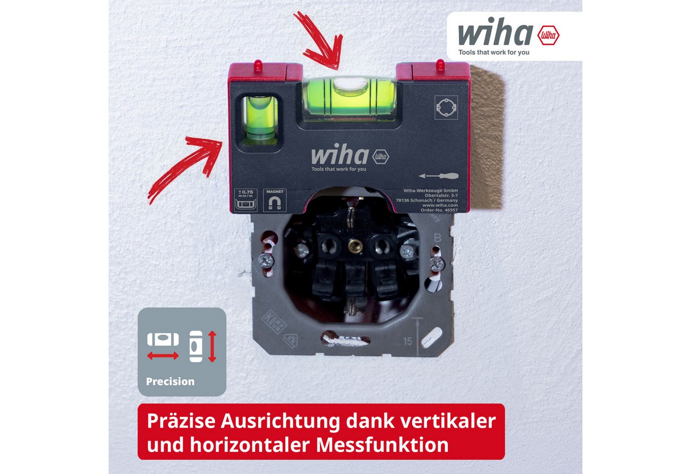 Wiha Wasserwaage (46957), Zwei Libellen, 4-Ring-Libelle, 60mm Abstand Zentrierspitzen – Bild 2 von 5