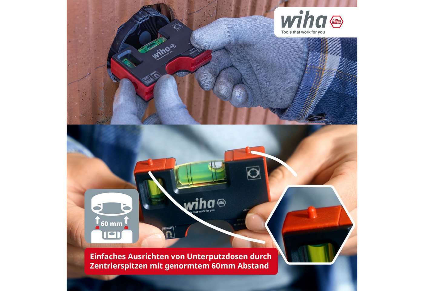 Wiha Wasserwaage (46957), Zwei Libellen, 4-Ring-Libelle, 60mm Abstand Zentrierspitzen – Bild 4 von 5