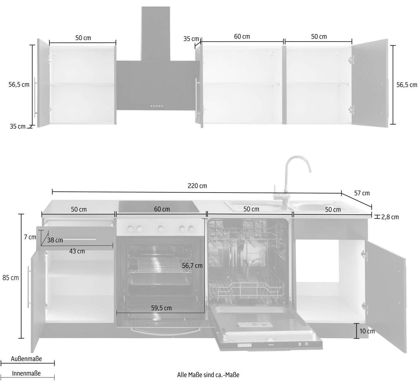 wiho Küchen Küchenzeile Cali, ohne E-Geräte, Breite 220 cm – Bild 5 von 5
