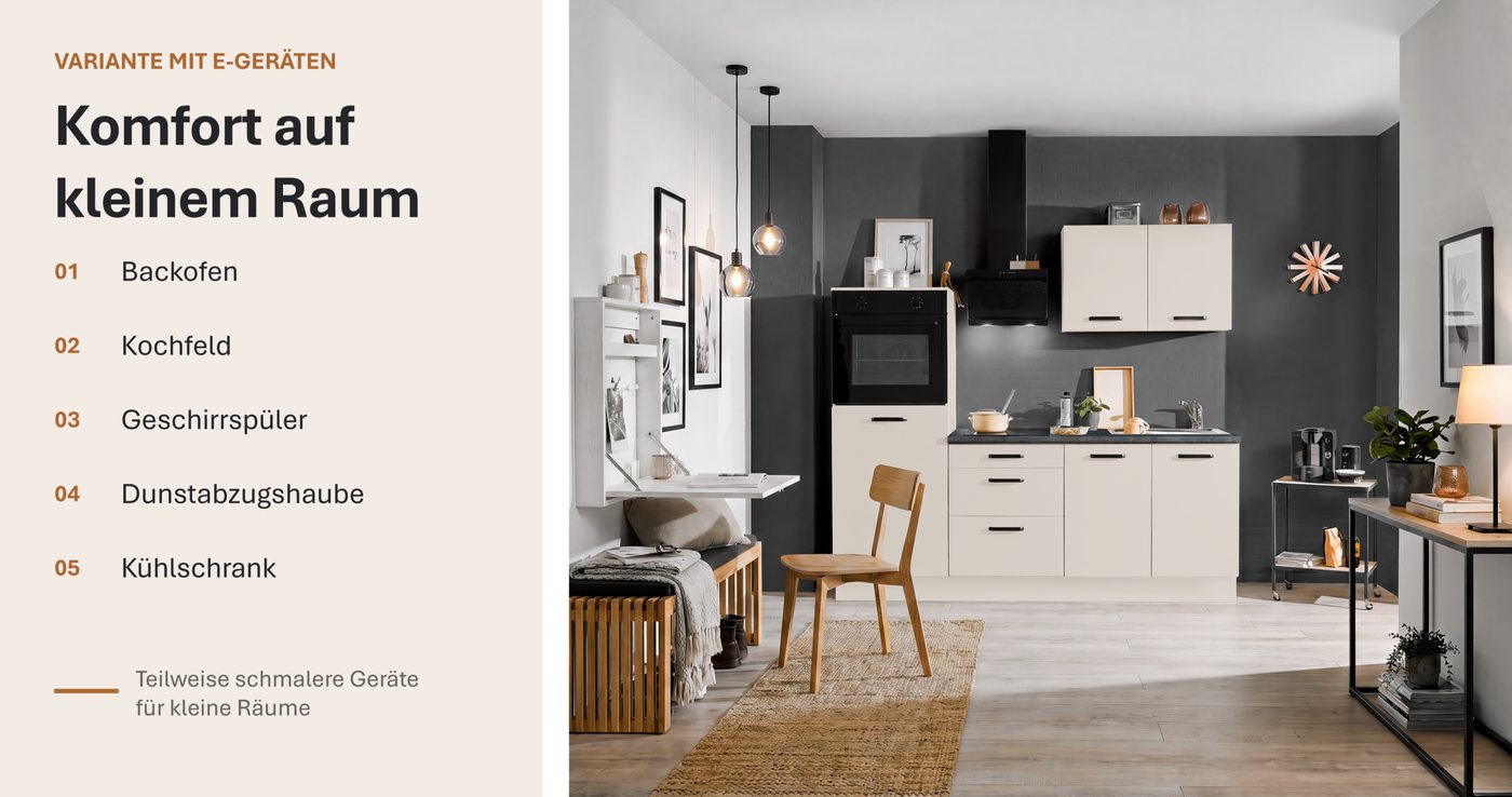 wiho Küchen Küchenzeile Compact: Kleines Format, große Ausstattung, optional mit E-Geräten, Variante mit Kühlschrank, Breite 210 cm – Bild 3 von 5