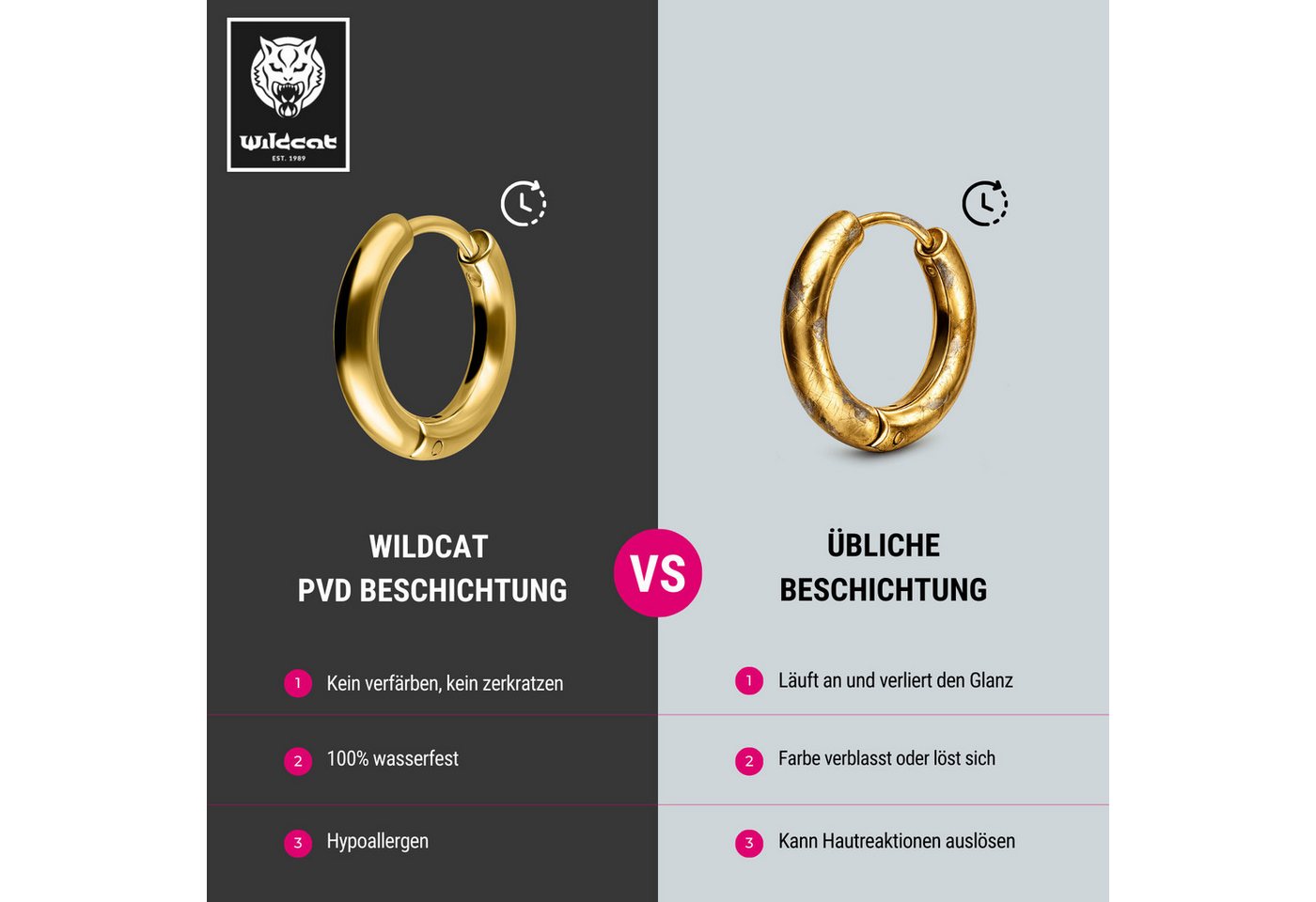 Wildcat Paar Ohrhänger Little Hoops - Schwarz, 10,0 mm, Chirurgenstahl 316L - wasserfest, langlebig, hautverträglich – Bild 5 von 5