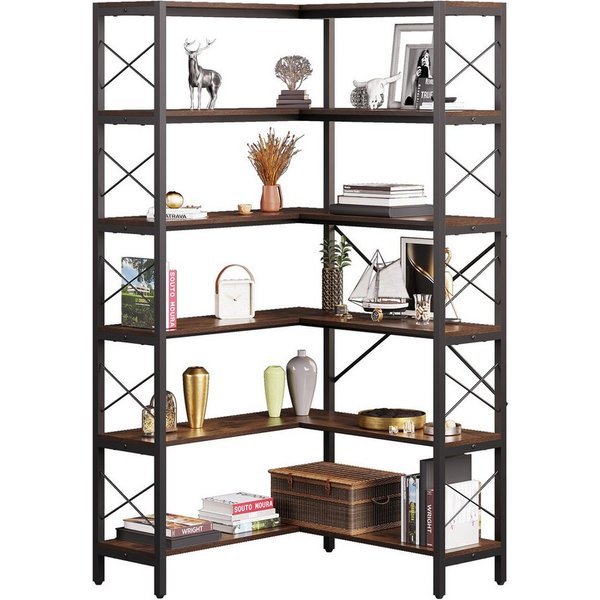 Wildhome Bücherregal Eckregal, 6-Regal Etagere mit Metallrahmen, Offene Lagerung, 1-tlg., Ecke-Schrank für Wohnzimmer & Home Office