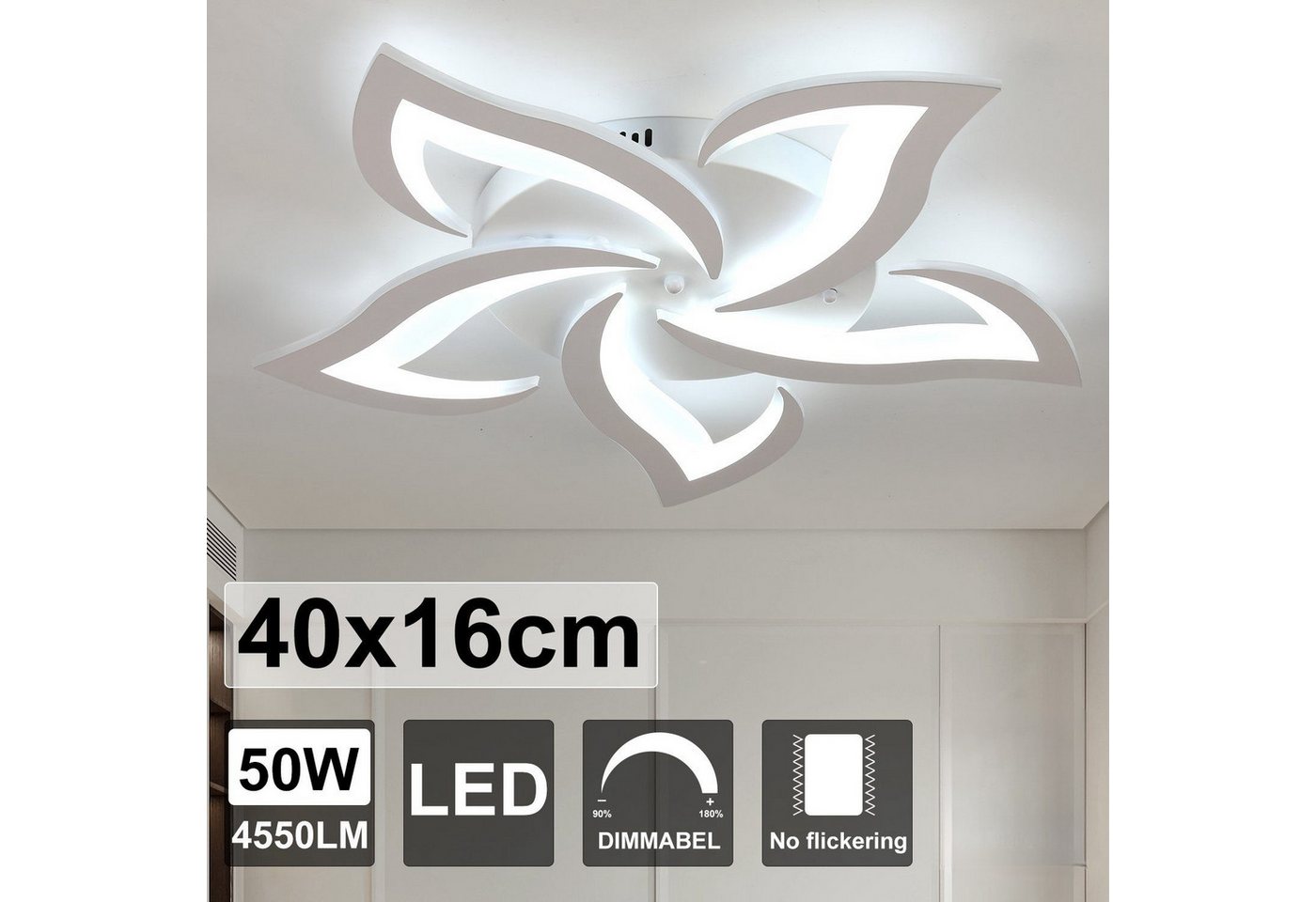 WILGOON Deckenleuchte 50W LED-Deckenleuchte, dimmbar, Wohnzimmerlampe mit Fernbedienung, LED fest integriert, Naturweiß, Kaltweiß, Warmweiß, 5 Sterne Blumen-Kro – Bild 2 von 5