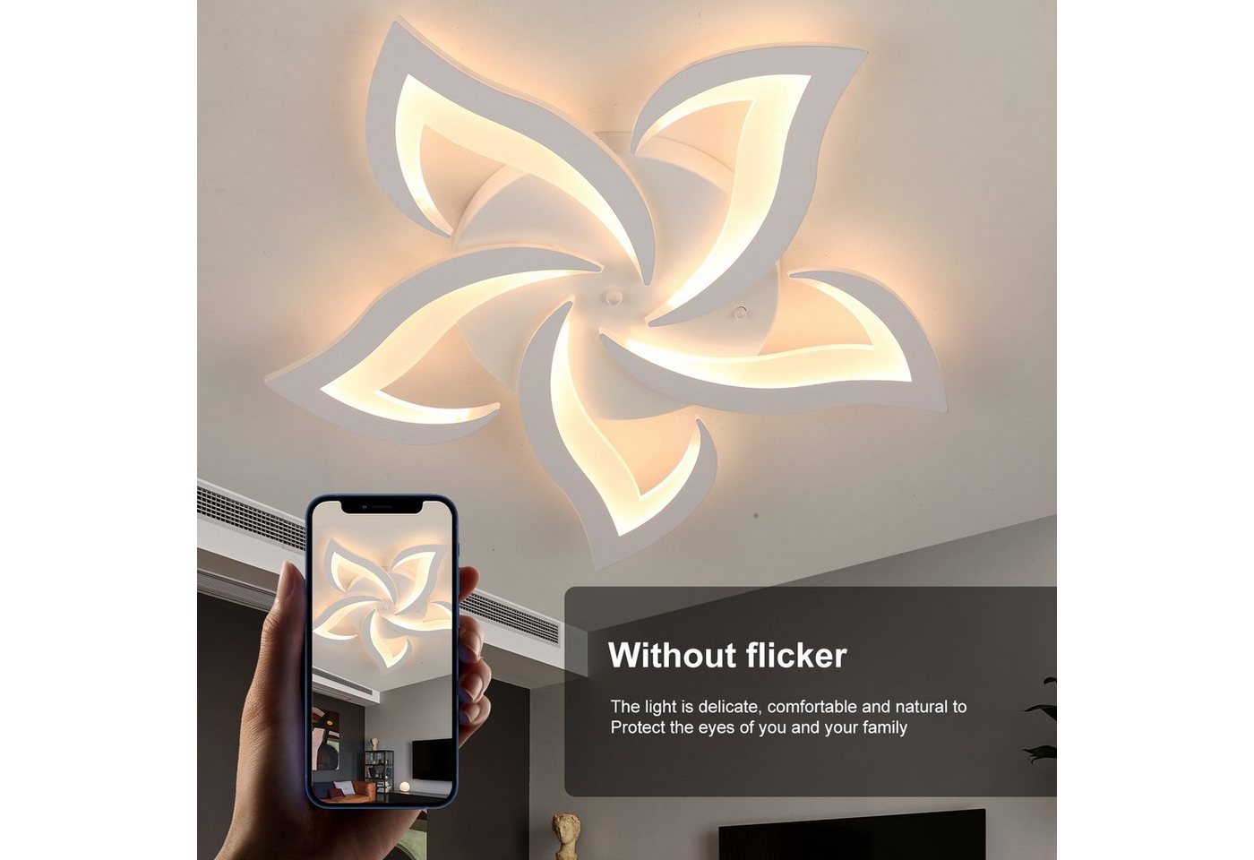 WILGOON Deckenleuchte 50W LED-Deckenleuchte, dimmbar, Wohnzimmerlampe mit Fernbedienung, LED fest integriert, Naturweiß, Kaltweiß, Warmweiß, 5 Sterne Blumen-Kro – Bild 3 von 5