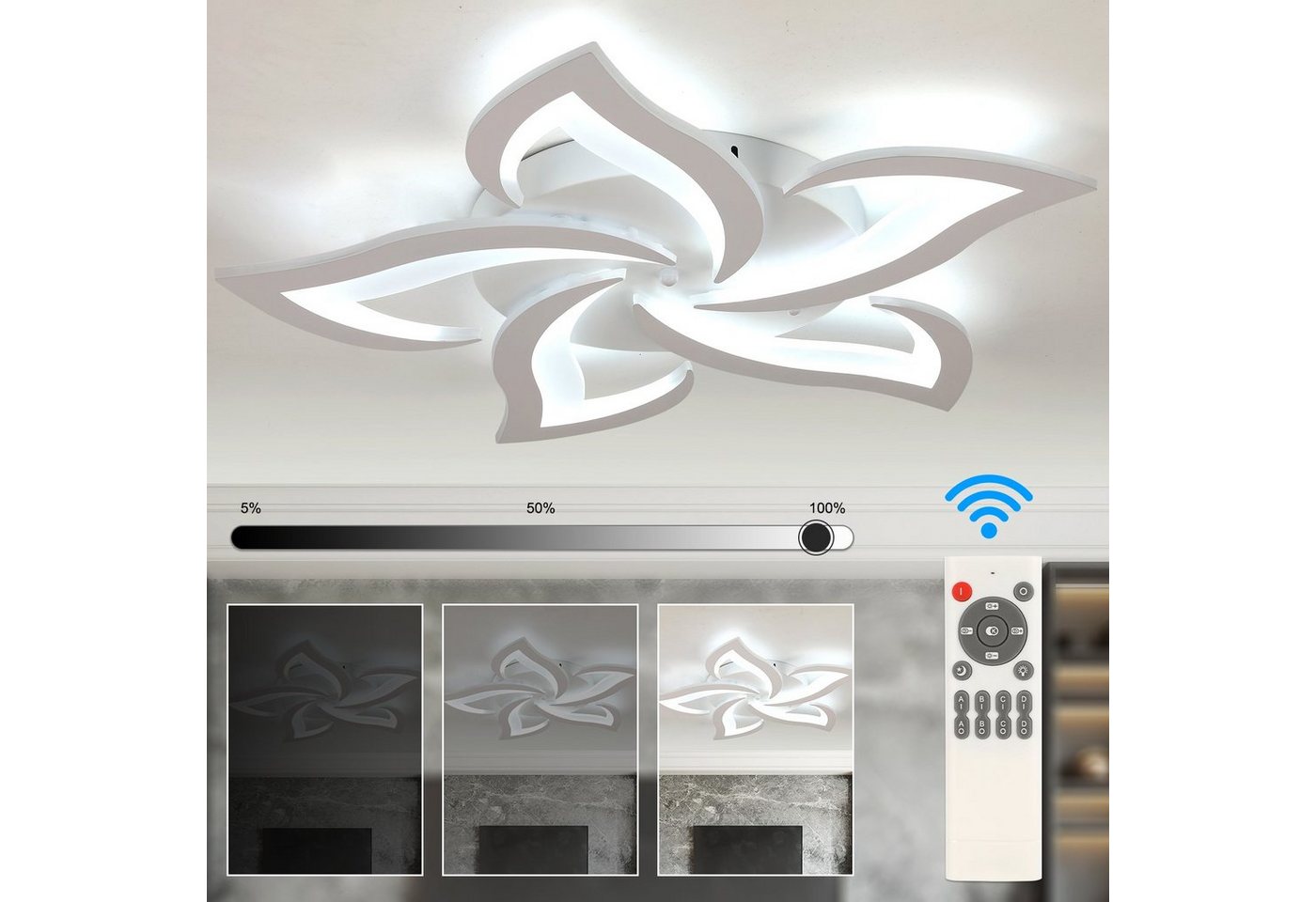 WILGOON Deckenleuchte 50W LED-Deckenleuchte, dimmbar, Wohnzimmerlampe mit Fernbedienung, LED fest integriert, Naturweiß, Kaltweiß, Warmweiß, 5 Sterne Blumen-Kro – Bild 4 von 5