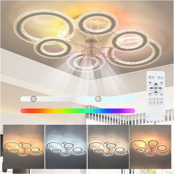 WILGOON Deckenleuchte 90W Leise Deckenventilator mit Beleuchtung, RGB dimmbar, 6-Gang, Timer, RGB-Hintergrundbeleuchtung, LED fest integriert, kaltweiß, warmwei