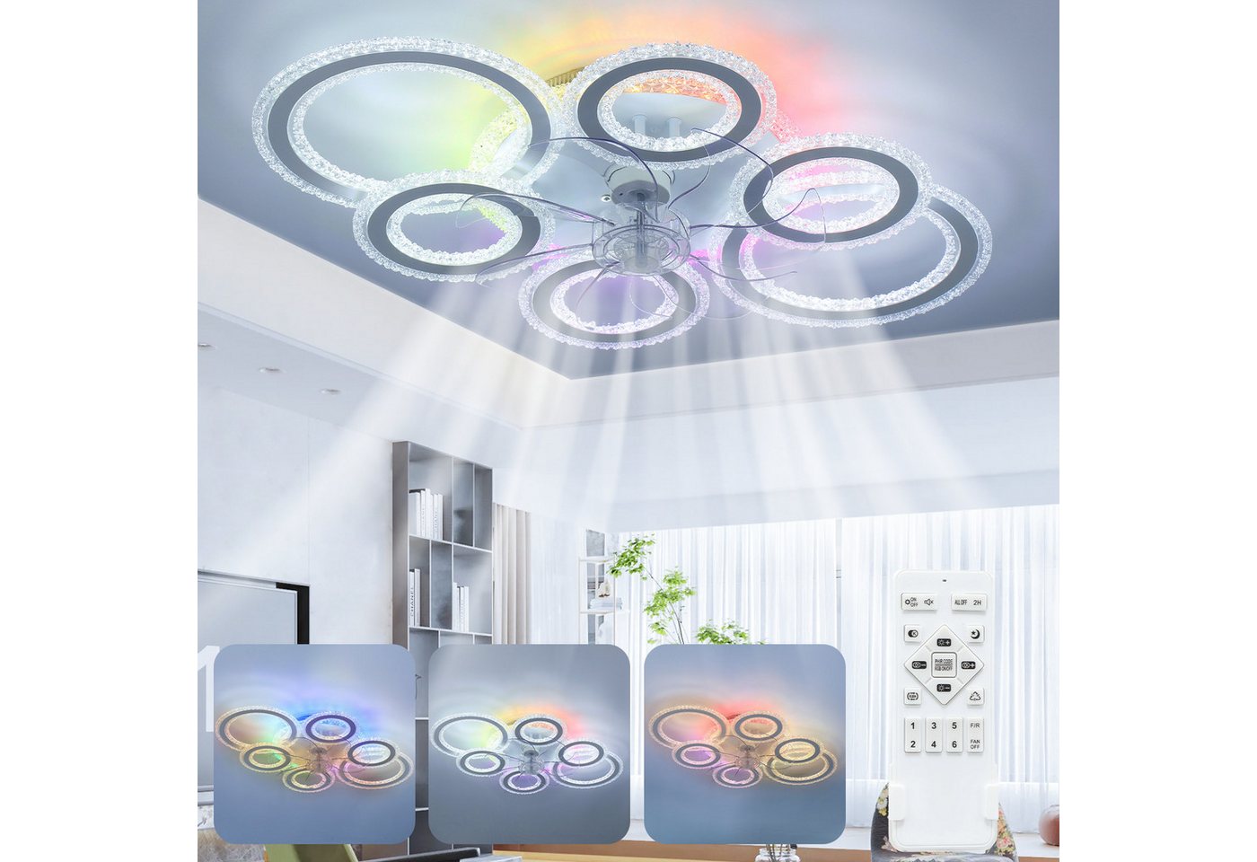 WILGOON Deckenleuchte 90W Leise Deckenventilator mit Beleuchtung, RGB dimmbar, 6-Gang, Timer, RGB-Hintergrundbeleuchtung, LED fest integriert, kaltweiß, warmwei – Bild 2 von 5