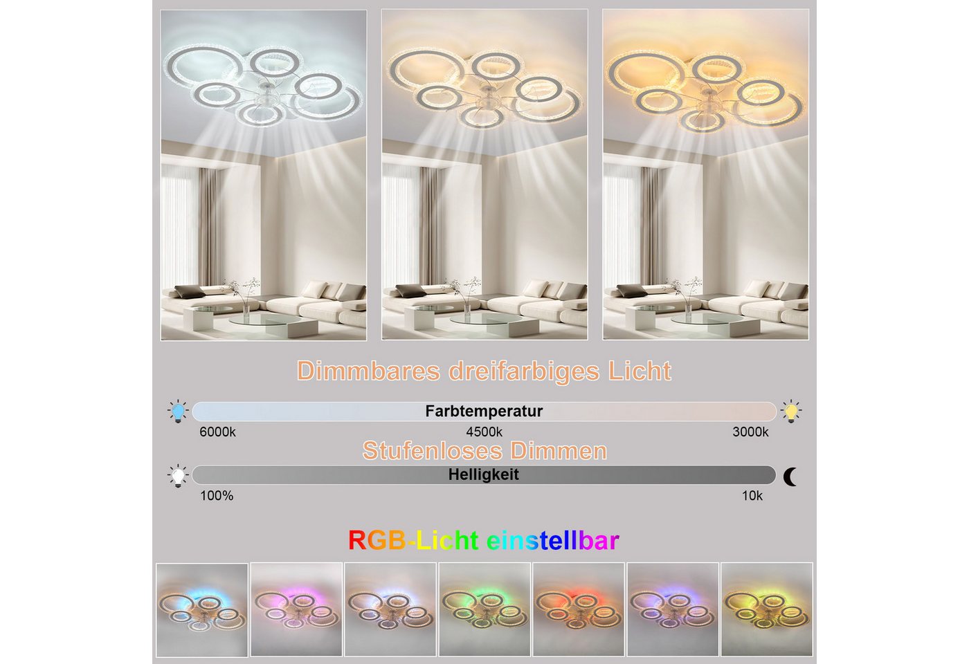 WILGOON Deckenleuchte 90W Leise Deckenventilator mit Beleuchtung, RGB dimmbar, 6-Gang, Timer, RGB-Hintergrundbeleuchtung, LED fest integriert, kaltweiß, warmwei – Bild 4 von 5