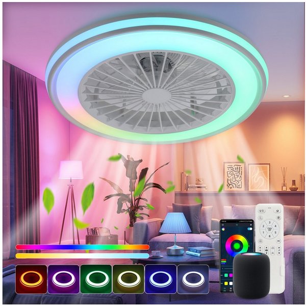 WILGOON Deckenleuchte Deckenventilator mit Beleuchtung, Music RGB Dimmbar mit Fernbedienung, Luftzirkulationsfunktion, LED fest integriert, Warmweiß, Neutralwei