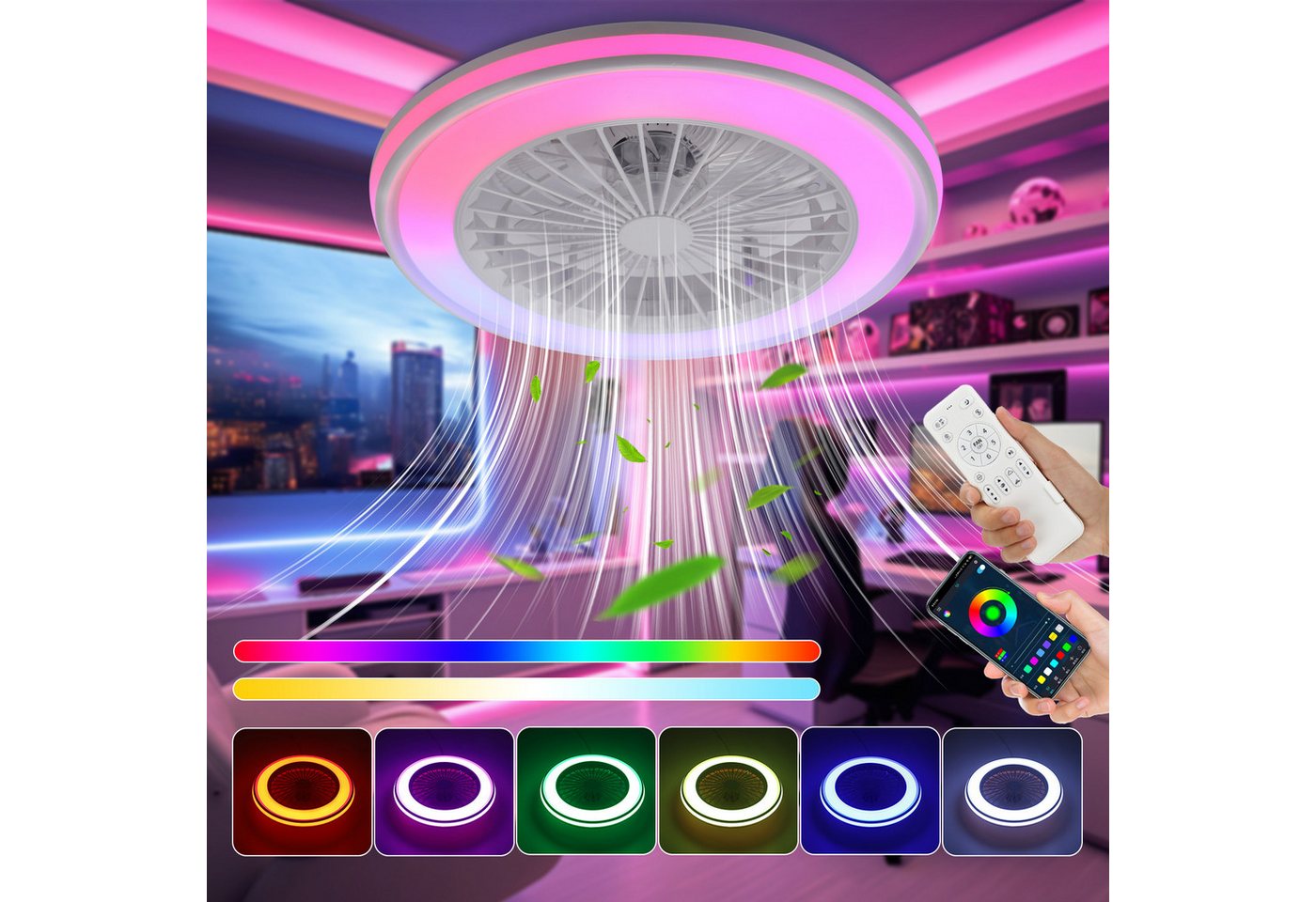 WILGOON Deckenleuchte Deckenventilator mit Beleuchtung, Music RGB Dimmbar mit Fernbedienung, Luftzirkulationsfunktion, LED fest integriert, Warmweiß, Neutralwei – Bild 3 von 5