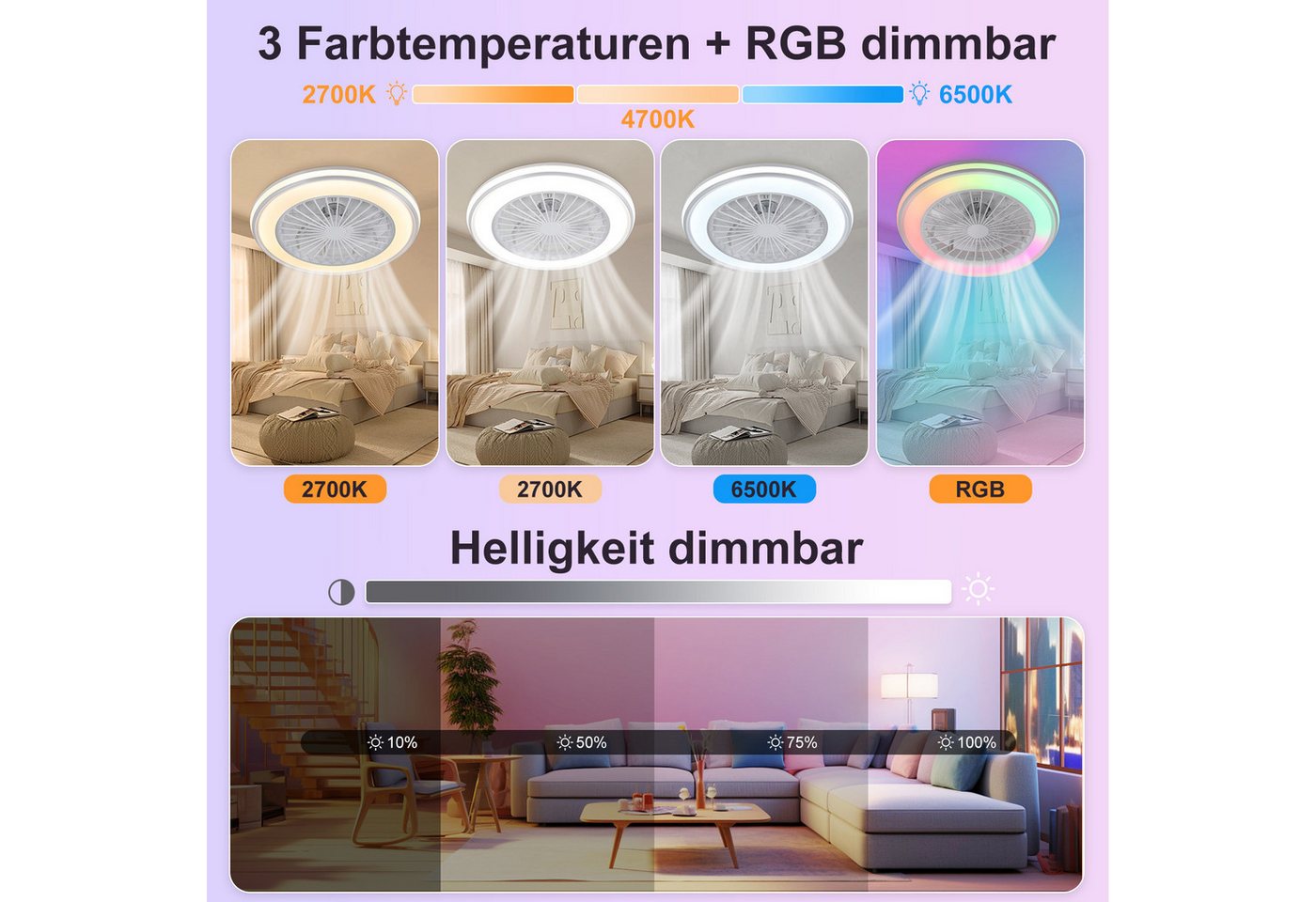 WILGOON Deckenleuchte Deckenventilator mit Beleuchtung, Music RGB Dimmbar mit Fernbedienung, Luftzirkulationsfunktion, LED fest integriert, Warmweiß, Neutralwei – Bild 4 von 5