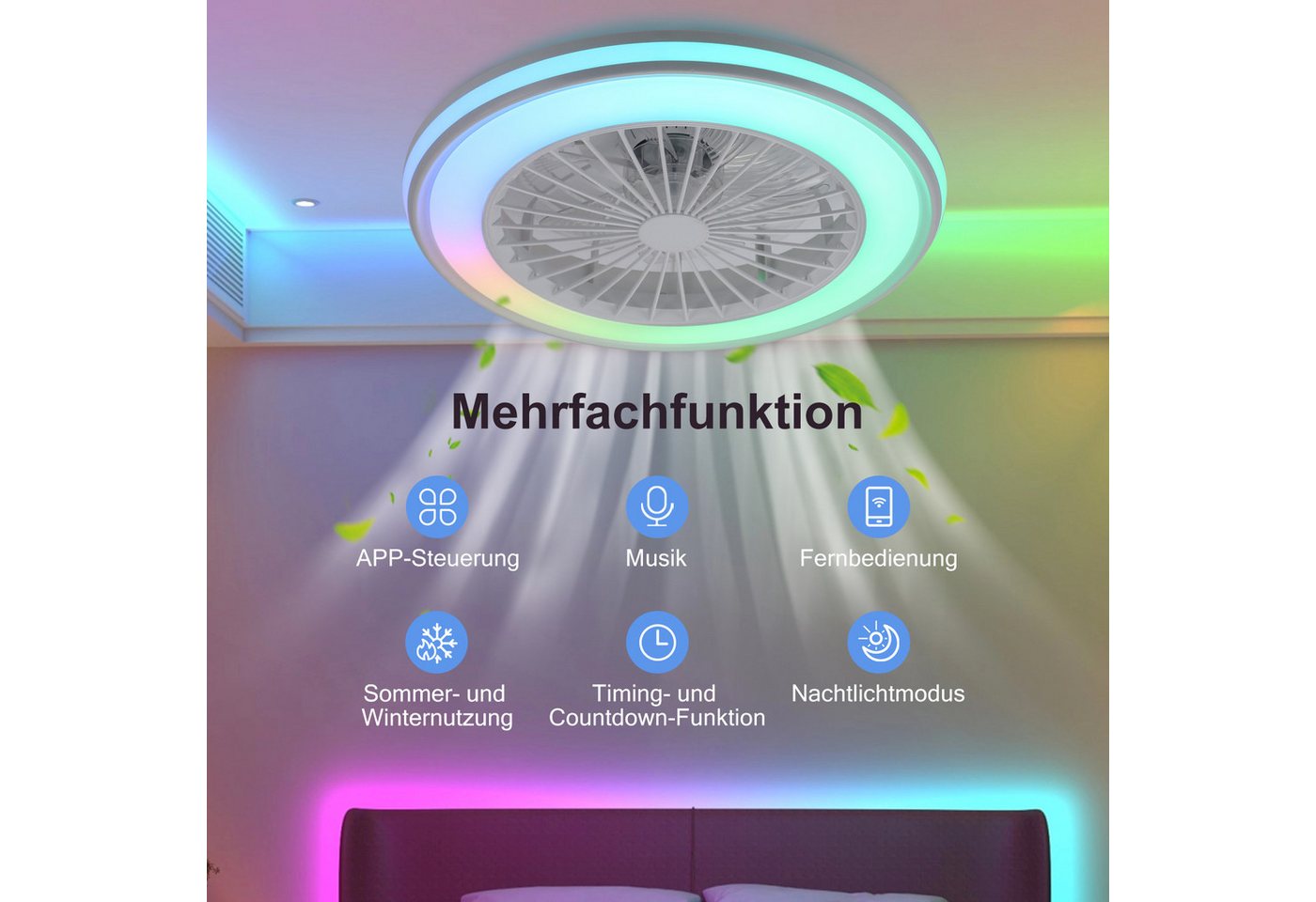 WILGOON Deckenleuchte Deckenventilator mit Beleuchtung, Music RGB Dimmbar mit Fernbedienung, Luftzirkulationsfunktion, LED fest integriert, Warmweiß, Neutralwei – Bild 5 von 5