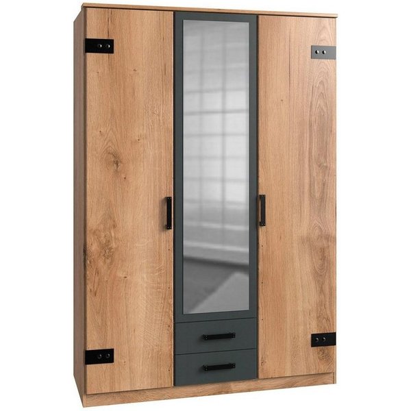 Wimex Kleiderschrank Liverpool, Made in Germany mit Spiegel und 2 Schubladen, 135x58x199cm, Industrial Design
