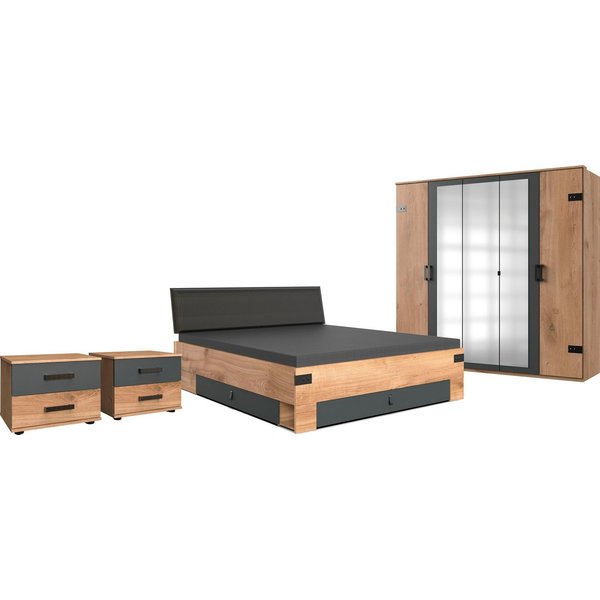 Wimex Schlafzimmer-Set Stockholm, rustikaler Look im Industrial Design, (Set), 6-teilig, Kleiderschrank mit Spiegel, Bett inklusive Schubladen