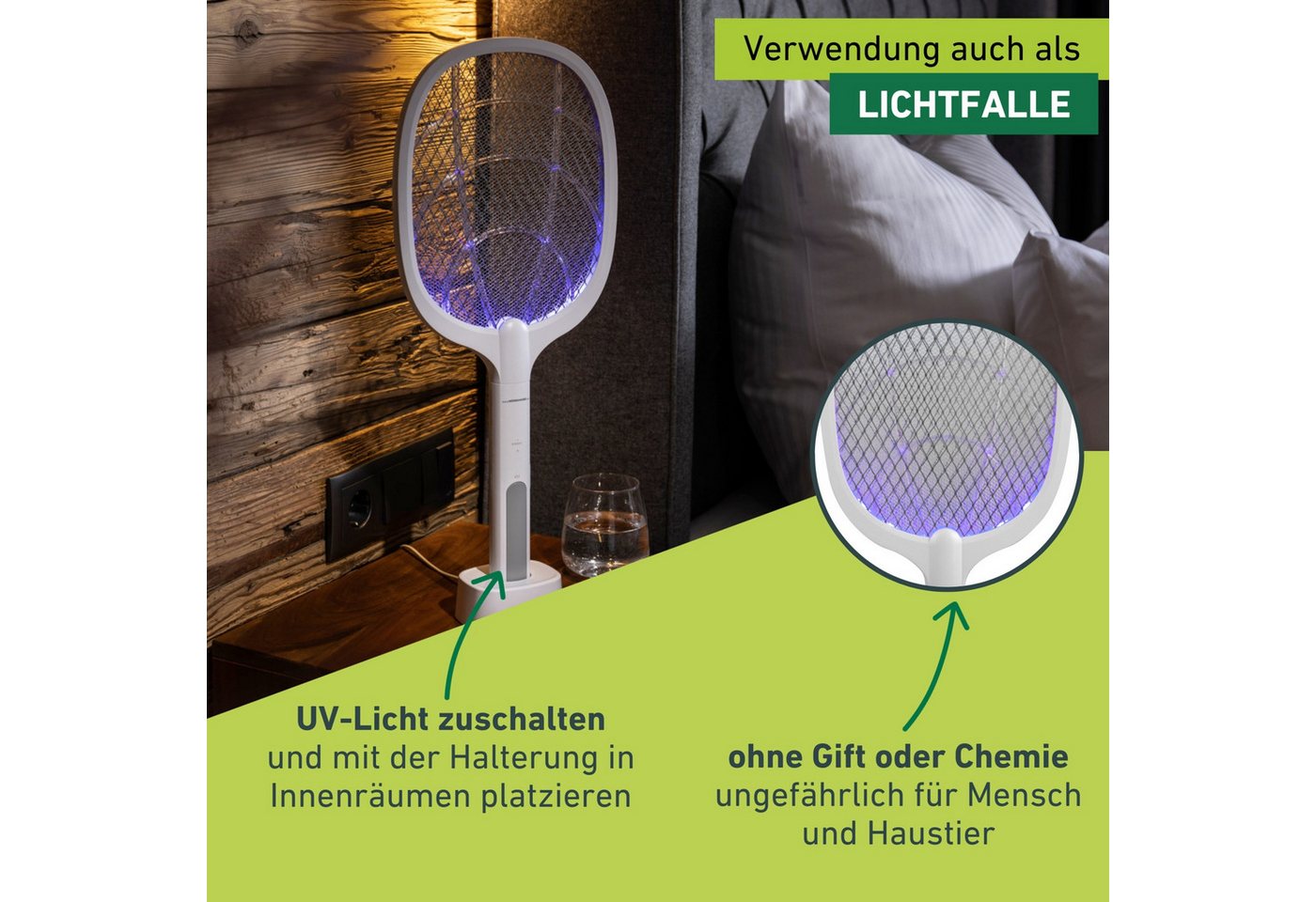Windhager Fliegenklatsche elektrisch 2in1, Insektenvernichter durch UV-Licht, Fliegenfänger aufladbar, Lichtfalle inkl. Halterung und USB Ladekabel – Bild 4 von 5