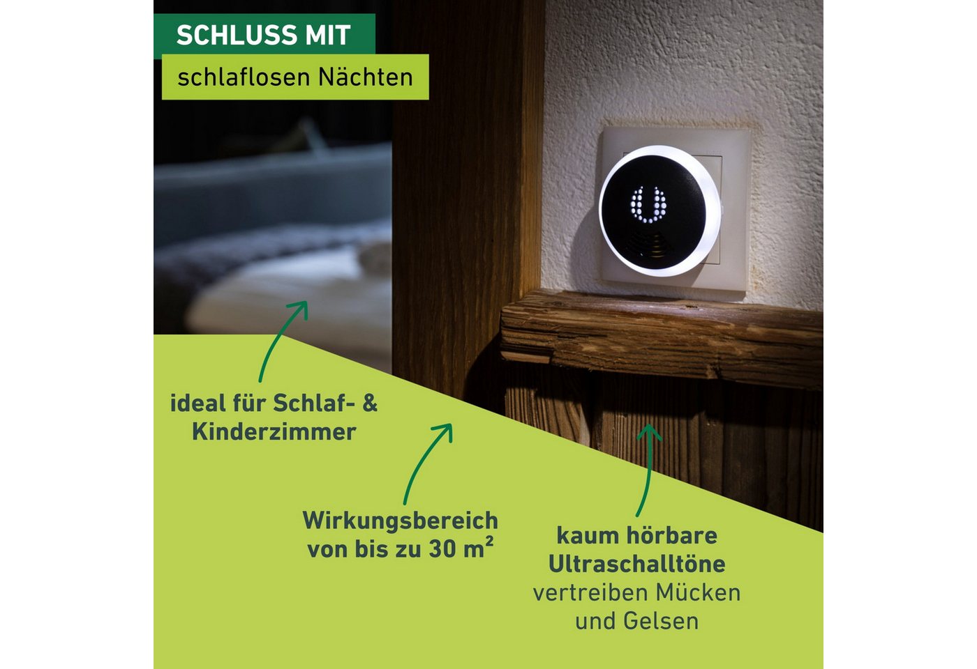 Windhager Insektenabwehrgerät Classic, Mückenabwehr und Nachtlicht, Vertreibung der Insekten durch Ultraschall, Mückenstecker, schwarz – Bild 2 von 5
