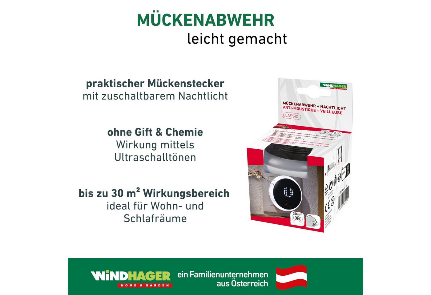 Windhager Insektenabwehrgerät Classic, Mückenabwehr und Nachtlicht, Vertreibung der Insekten durch Ultraschall, Mückenstecker, schwarz – Bild 4 von 5