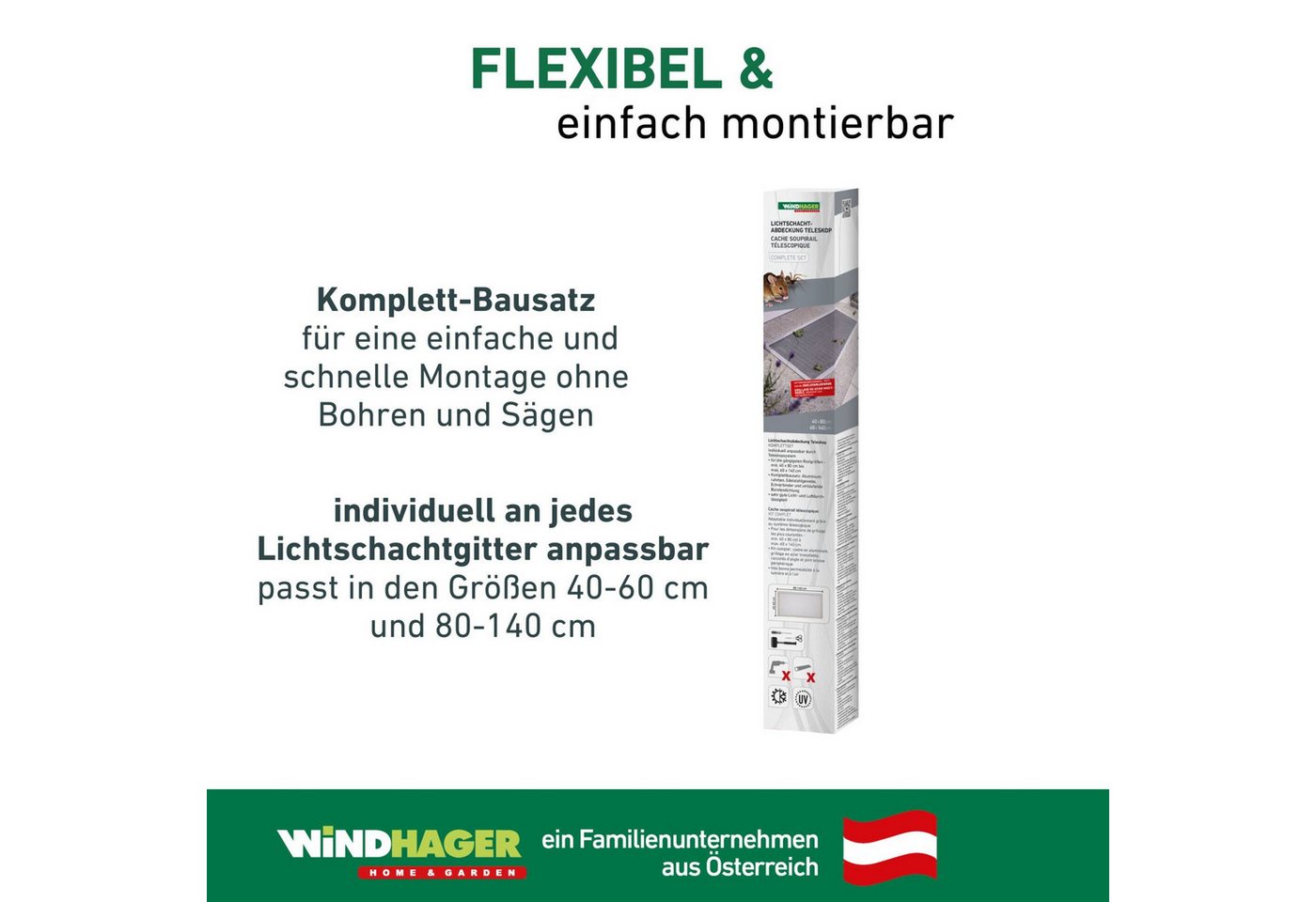 Windhager Lichtschachtabdeckung teleskopierbar 80-140 cm x 40-60 cm, zuverlässiger Schutz, (1-St), Kellerschacht Schutzgitter mit Aluminiumrahmen und Edelstahlg – Bild 2 von 5
