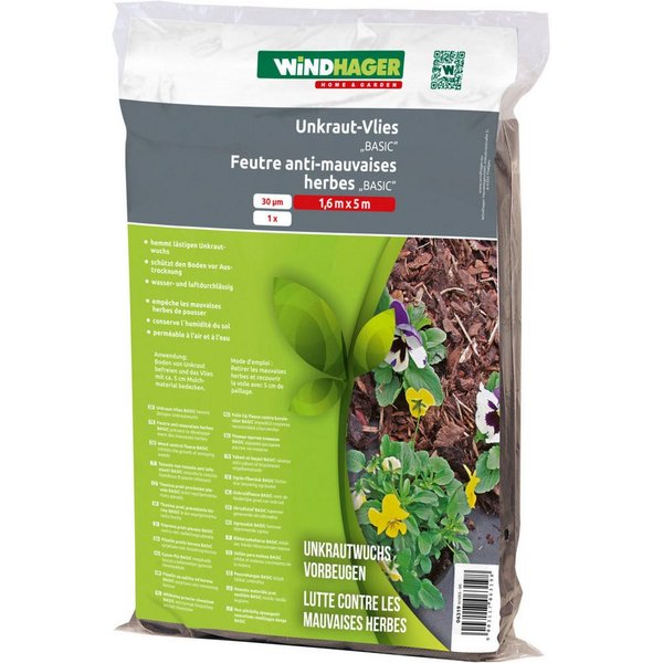 Windhager Unkrautvlies Basic, atmungsaktiver und wasserdurchlässiger Abdeckvlies, (1-St), Gartenfolie Wurzelsperre 5 x 1,6 m 30 g/m², schwarz
