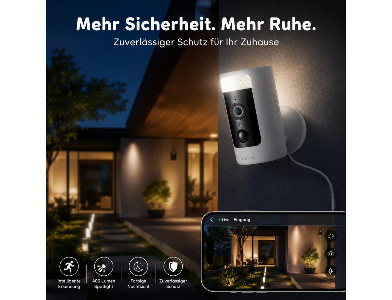 Winees Überwachungskamera (Außenbereich, 4MP 2K WLAN IP Sicherheitskamera zur Heim-& Außenüberwachung, 1-tlg., Schwenk-/Neigbar, Spotlight & IR-Farbnachtsicht,  – Bild 2 von 5