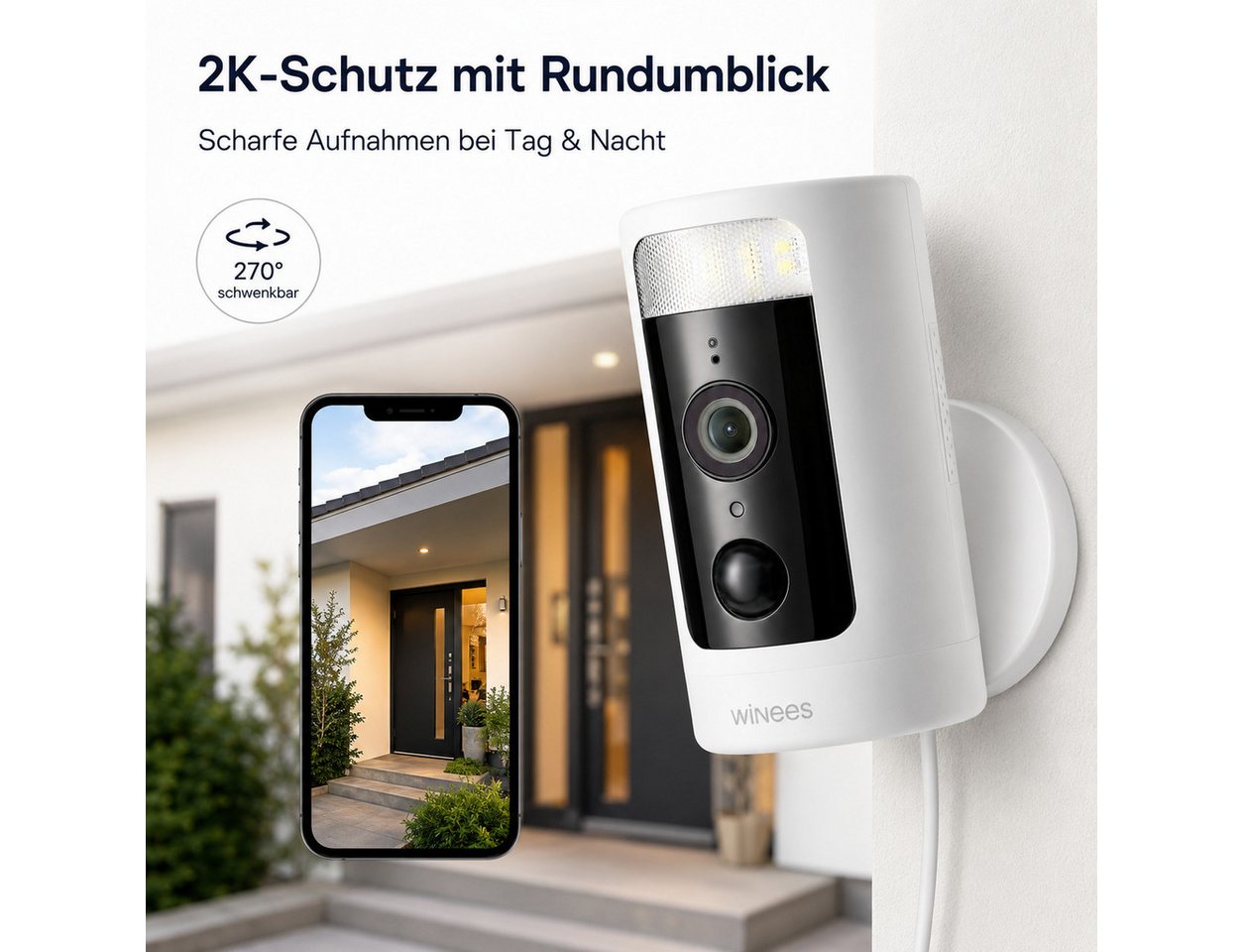 Winees Überwachungskamera (Außenbereich, 4MP 2K WLAN IP Sicherheitskamera zur Heim-& Außenüberwachung, 1-tlg., Schwenk-/Neigbar, Spotlight & IR-Farbnachtsicht,  – Bild 3 von 5