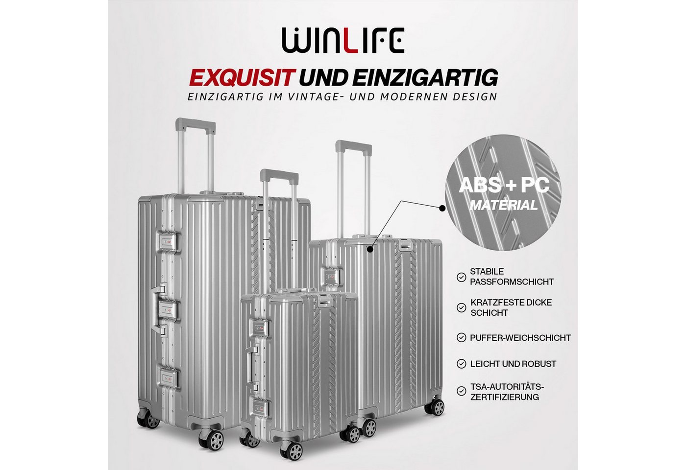 WINLIFE Trolley WINLIFE®Größe M, L, XL Reisekoffer Alu-Rahmen ABS & TSA Schloss Silber, 4 Doppelrollen Rollen, Stoßfest, TSA-Schloss, 360°-Doppelrollen, Leicht – Bild 2 von 5