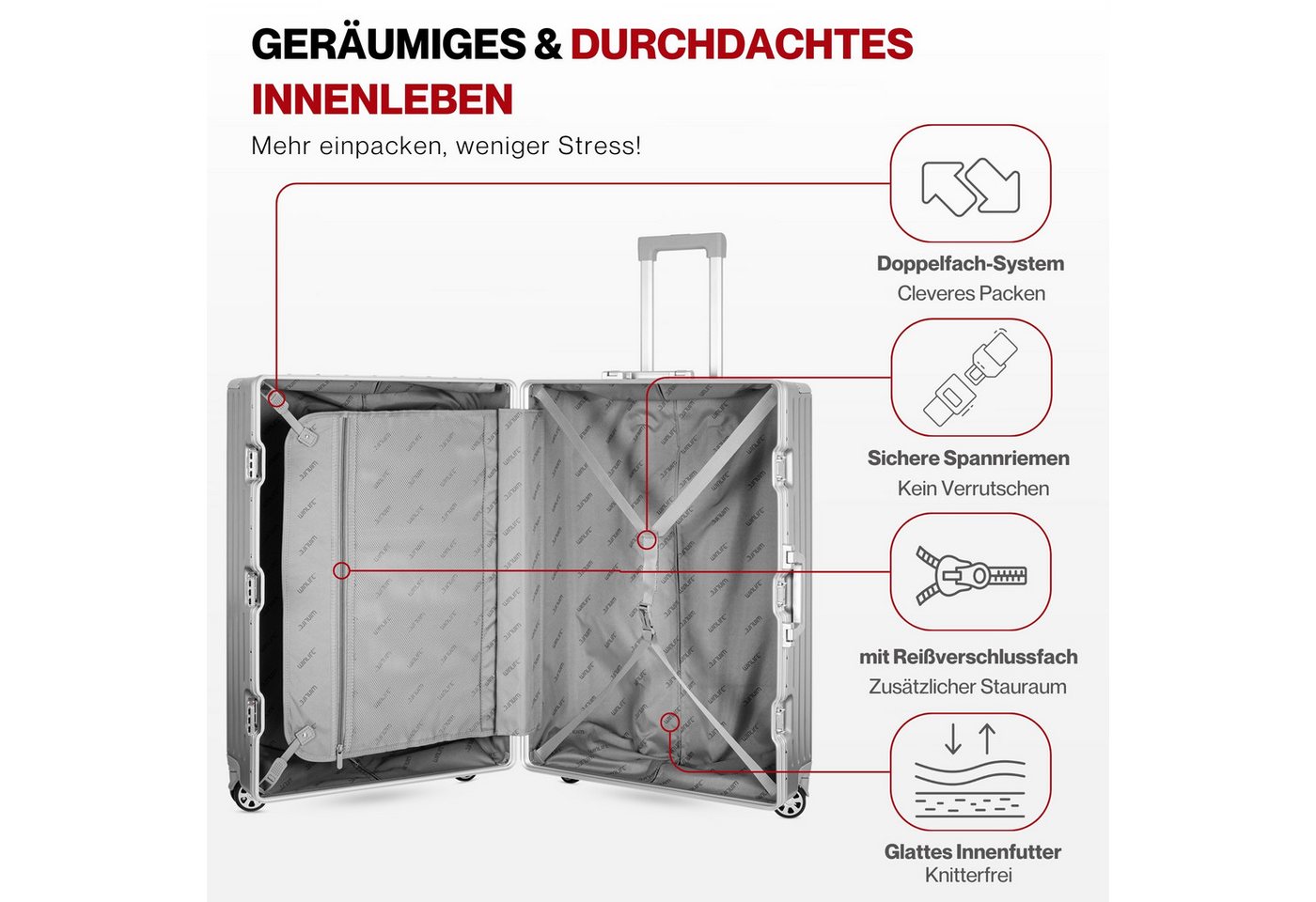 WINLIFE Trolley WINLIFE®Größe M, L, XL Reisekoffer Alu-Rahmen ABS & TSA Schloss Silber, 4 Doppelrollen Rollen, Stoßfest, TSA-Schloss, 360°-Doppelrollen, Leicht – Bild 3 von 5