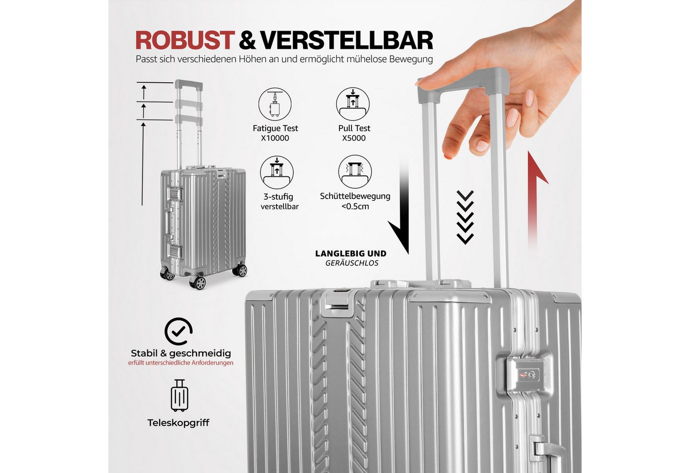 WINLIFE Trolley WINLIFE®Größe M, L, XL Reisekoffer Alu-Rahmen ABS & TSA Schloss Silber, 4 Doppelrollen Rollen, Stoßfest, TSA-Schloss, 360°-Doppelrollen, Leicht – Bild 4 von 5